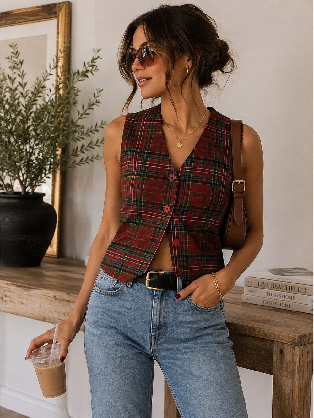 Vintage Viyella Royal Stewart Plaid Wool Blend Vest with Matching Belt